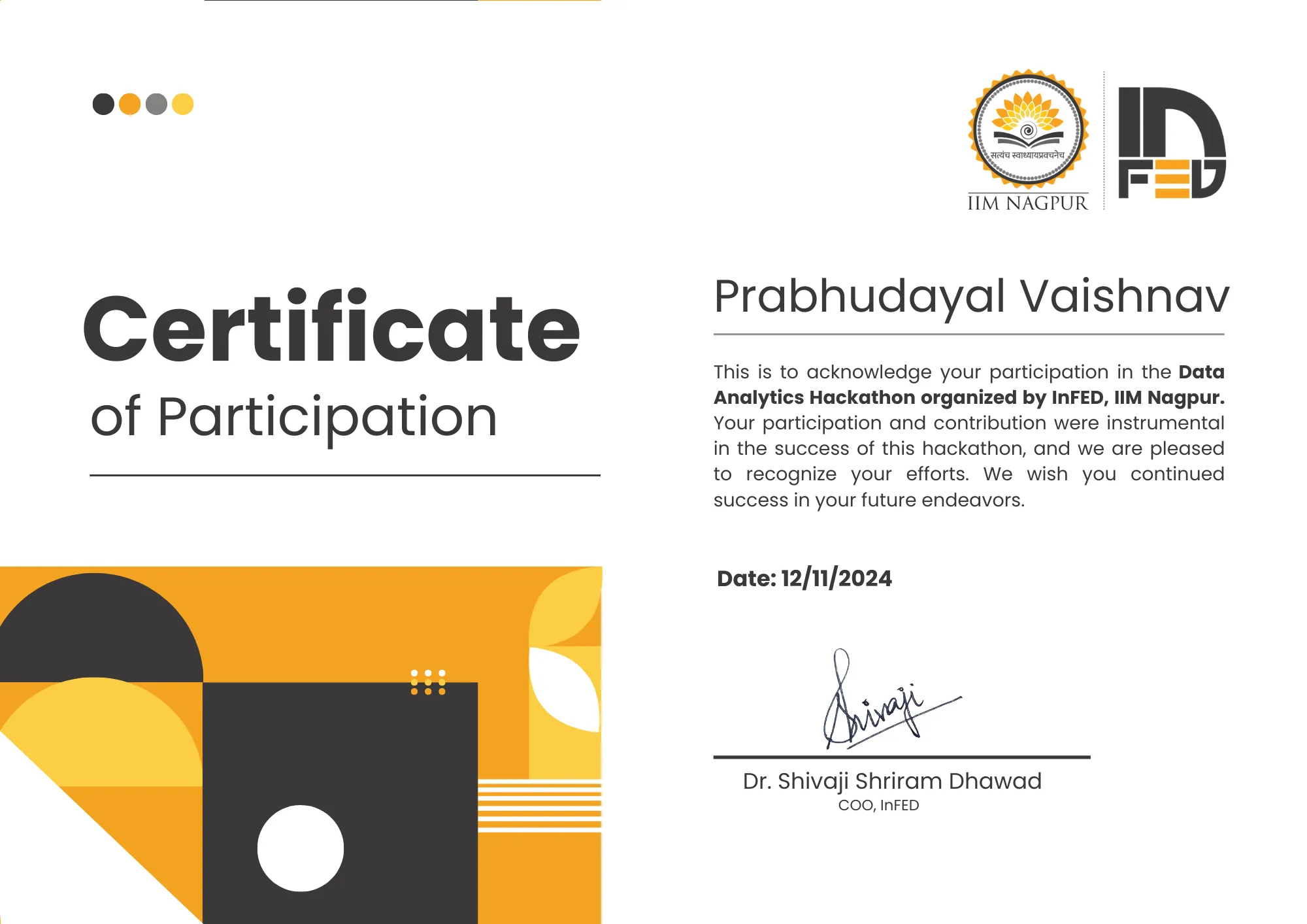 IIM Nagpur Hackathon Certificate